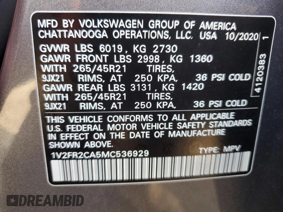 2021 Volkswagen Atlas SEL Premium R-Line with VIN 1V2FR2CA5MC536929, listed as a Copart auction lot 44397425 with 60,565 mi miles and Salvage title. Bid and sale history available at DreamBid. Image 14.