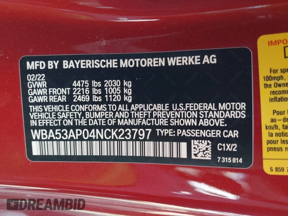2022 BMW 4 Series 430i with VIN WBA53AP04NCK23797, listed as a IAAI auction lot 41583184 with 42,069 mi miles and . Bid and sale history available at carsss.com. Image 9.