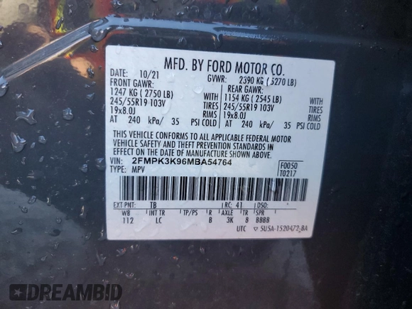 2021 Ford Edge Titanium z VIN 2FMPK3K96MBA54764, wystawiony jako Copart lot #55593715 z przebiegiem 49 729 mil mil oraz Szkoda całkowita • Salvage title. Historia ofert i sprzedaży dostępna na DreamBid. Obrazek 12.