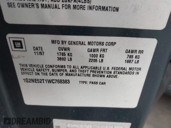 1998 Pontiac Grand Am SE with VIN 1G2NE52T1WC768383, listed as a IAAI auction lot 42220195 with 275,908 mi miles and . Bid and sale history available at DreamBid. Image 9.