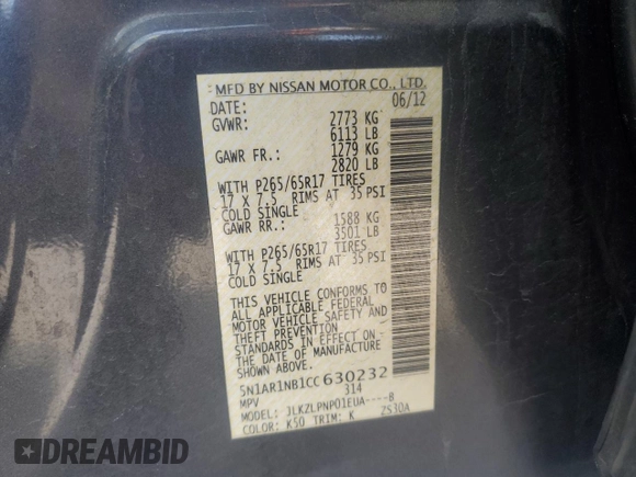 2012 Nissan Pathfinder S z VIN 5N1AR1NB1CC630232, wystawiony jako Copart lot #53378005 z przebiegiem 167 302 mil mil oraz Czysty tytuł • Clean title. Historia ofert i sprzedaży dostępna na DreamBid. Obrazek 13.