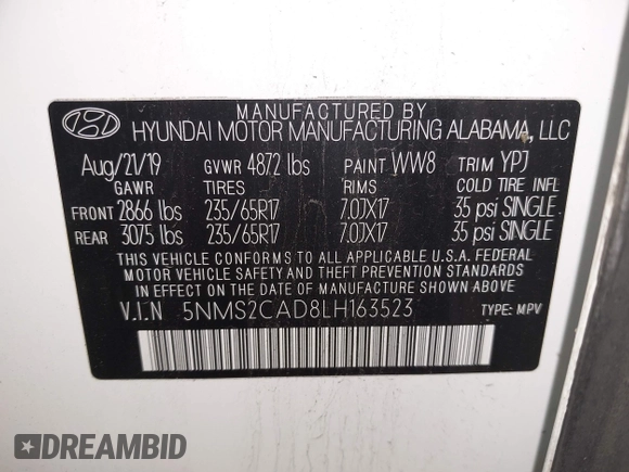 2020 Hyundai Santa Fe SE with VIN 5NMS2CAD8LH163523, listed as a IAAI auction lot 42123756 with 72,992 mi miles and . Bid and sale history available at DreamBid. Image 9.