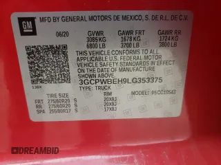2020 Chevrolet Silverado 1500 Custom with VIN 3GCPWBEH9LG353375, listed as a Copart auction lot 43053215 with 47,410 mi miles and Salvage Title. Bid and sale history available at carsss.com. Image 12.