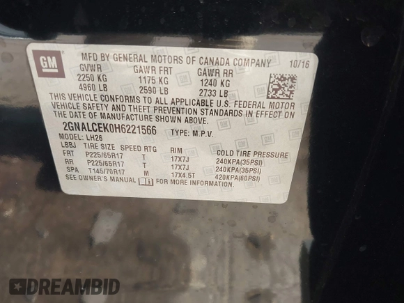 2017 Chevrolet Equinox LT with VIN 2GNALCEK0H6221566, listed as a IAAI auction lot 42006724 with 110,131 mi miles and . Bid and sale history available at DreamBid. Image 9.