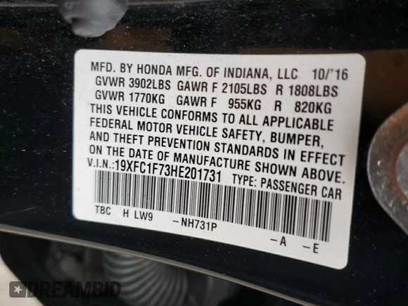 2017 Honda Civic EX-L with VIN 19XFC1F73HE201731, listed as a Copart auction lot 60104785 with 63,932 mi miles and Salvage title. Bid and sale history available at DreamBid. Image 12.