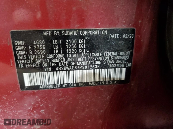 2023 Subaru Legacy Premium with VIN 4S3BWAF67P3012633, listed as a Copart auction lot 54764075 with 30,035 mi miles and Salvage title. Bid and sale history available at DreamBid. Image 12.