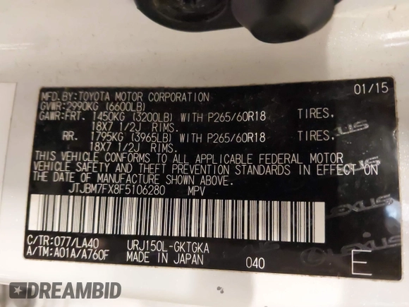 2015 Lexus GX with VIN JTJBM7FX8F5106280, listed as a IAAI auction lot 41590906 with 158,163 mi miles and . Bid and sale history available at carsss.com. Image 9.