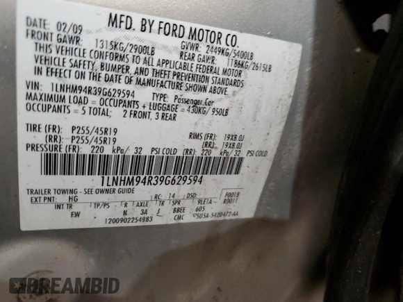 2009 Lincoln MKS z VIN 1LNHM94R39G629594, wystawiony jako Copart lot #56986125 z przebiegiem Nie podano mil oraz Szkoda całkowita • Salvage title. Historia ofert i sprzedaży dostępna na DreamBid. Obrazek 13.