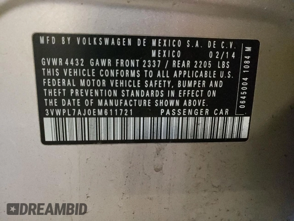 2014 Volkswagen Jetta TDI w/Sunroof & Nav with VIN 3VWPL7AJ0EM611721, listed as a Copart auction lot 86724684 with 127,030 mi miles and Salvage title. Bid and sale history available at DreamBid. Image 12.