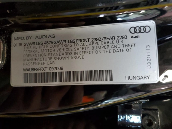 2015 Audi S3 2.0T Premium Plus with VIN WAUBFGFFXF1097008, listed as a Copart auction lot 46327623 with 68,705 mi miles. Bid and sale history available at carsss.com. Image 13.