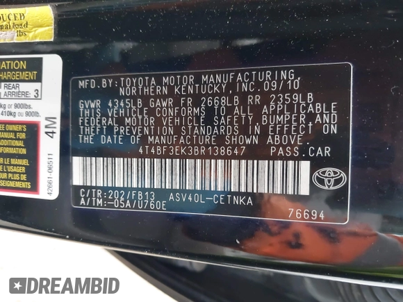 2011 Toyota Camry LE with VIN 4T4BF3EK3BR138647, listed as a IAAI auction lot 41992906 with 186,346 mi miles. Bid and sale history available at carsss.com. Image 9.
