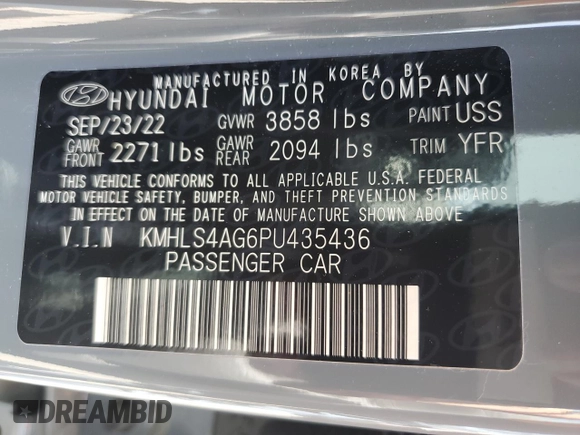 2023 Hyundai Elantra SEL с VIN KMHLS4AG6PU435436, выставлен на аукционе Copart как лот 57599085 с пробегом 9 719 миль миль и Списание • Salvage title. История ставок и продаж доступна на DreamBid. Изображение 12.