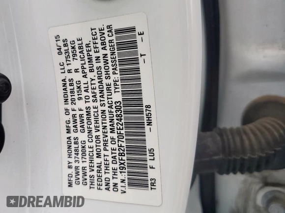 2015 Honda Civic SE z VIN 19XFB2F70FE248303, wystawiony jako Copart lot #59338575 z przebiegiem 134 370 mil mil oraz Szkoda całkowita • Salvage title. Historia ofert i sprzedaży dostępna na DreamBid. Obrazek 12.