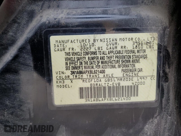 2011 Nissan Sentra 2.0 with VIN 3N1AB6APXBL621400, listed as a Copart auction lot 87606075 with 156,045 mi miles and Salvage Title. Bid and sale history available at DreamBid. Image 12.