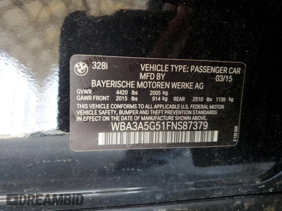 2015 BMW 3 Series 328i with VIN WBA3A5G51FNS87379, listed as a Copart auction lot 57752165 with 56,802 mi miles and Salvage title. Bid and sale history available at DreamBid. Image 12.