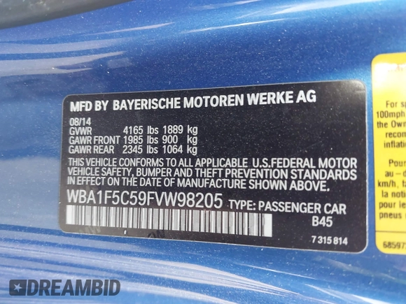 2015 BMW 2 Series 228i with VIN WBA1F5C59FVW98205, listed as a IAAI auction lot 41722804 with 91,879 mi miles. Bid and sale history available at carsss.com. Image 9.