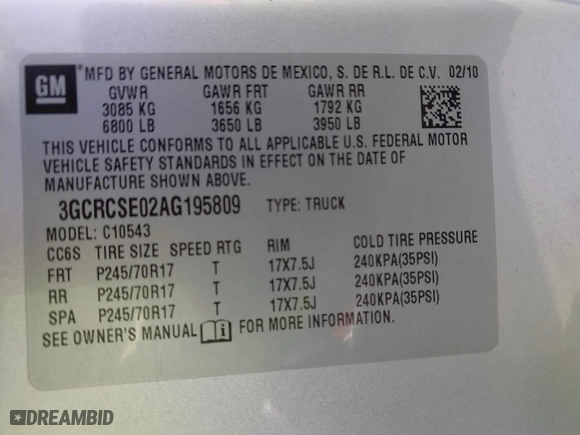2010 Chevrolet Silverado 1500 LT with VIN 3GCRCSE02AG195809, listed as a IAAI auction lot 42011389 with 94,755 mi miles. Bid and sale history available at carsss.com. Image 9.
