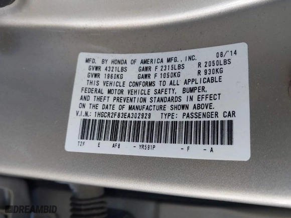 2014 Honda Accord Sedan EX-L with VIN 1HGCR2F83EA302929, listed as a IAAI auction lot 41590117 with 67,410 mi miles. Bid and sale history available at carsss.com. Image 9.