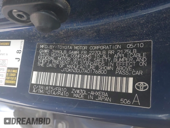 2010 Toyota Prius II with VIN JTDKN3DU7A0176800, listed as a IAAI auction lot 41902684 with 181,227 mi miles. Bid and sale history available at carsss.com. Image 9.