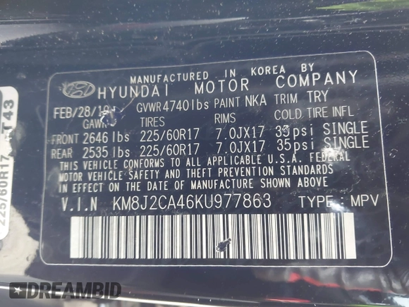 2019 Hyundai Tucson SE with VIN KM8J2CA46KU977863, listed as a IAAI auction lot 41704318 with 23,076 mi miles. Bid and sale history available at carsss.com. Image 9.