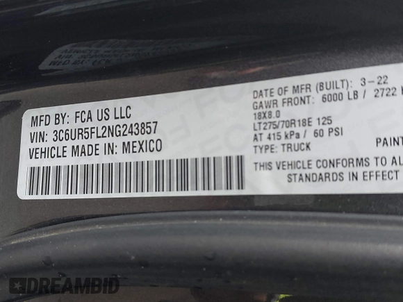 2022 Ram 2500 Laramie z VIN 3C6UR5FL2NG243857, wystawiony jako IAAI lot #41736144 z przebiegiem 58 474 mil mil oraz . Historia ofert i sprzedaży dostępna na DreamBid. Obrazek 9.