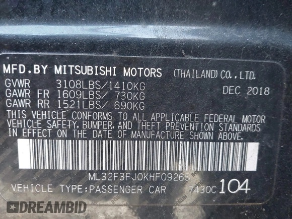 2019 Mitsubishi Mirage ES z VIN ML32F3FJ0KHF09265, wystawiony jako IAAI lot #41660305 z przebiegiem 68 547 mil mil oraz . Historia ofert i sprzedaży dostępna na DreamBid. Obrazek 9.