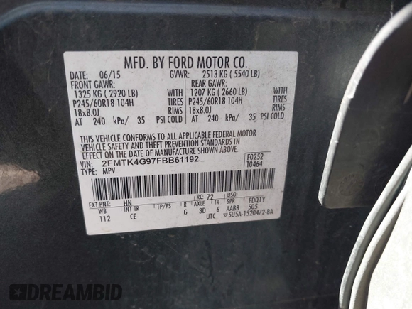 2015 Ford Edge SE с VIN 2FMTK4G97FBB61192, выставлен на аукционе IAAI как лот 42344080 с пробегом Не указан миль и . История ставок и продаж доступна на DreamBid. Изображение 9.