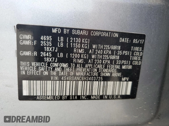2017 Subaru Outback Limited with VIN 4S4BSANC6H3403725, listed as a Copart auction lot 59876435 with 139,141 mi miles and Salvage title. Bid and sale history available at DreamBid. Image 14.