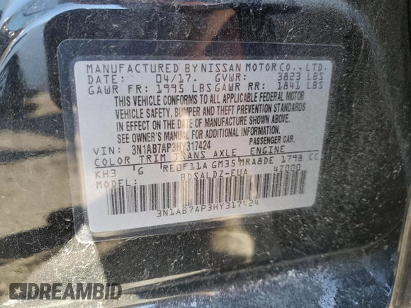 2017 Nissan Sentra S z VIN 3N1AB7AP3HY317424, wystawiony jako Copart lot #43014805 z przebiegiem 99 941 mil mil oraz Szkoda całkowita • Salvage title. Historia ofert i sprzedaży dostępna na DreamBid. Obrazek 14.
