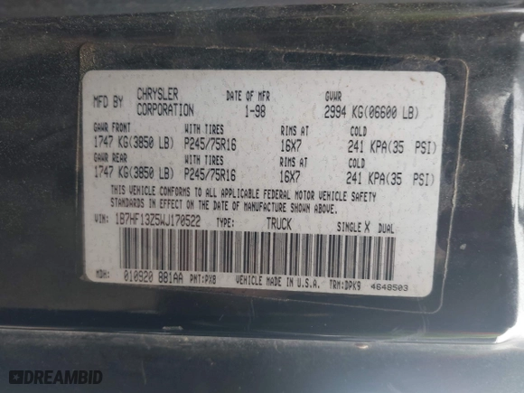 1998 Dodge Ram 1500 with VIN 1B7HF13Z5WJ170522, listed as a IAAI auction lot 41897479 with 1 mi miles. Bid and sale history available at carsss.com. Image 9.