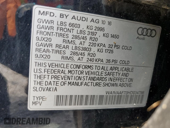 2017 Audi Q7 Prestige with VIN WA1VAAF73HD034798, listed as a Copart auction lot 63945695 with 121,967 mi miles and Clean title. Bid and sale history available at DreamBid. Image 13.