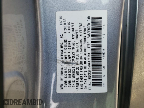 2016 Honda Accord Sport с VIN 1HGCR2F57GA179094, выставлен на аукционе Copart как лот 46917835 с пробегом Не указан миль и Списание • Salvage title. История ставок и продаж доступна на DreamBid. Изображение 14.