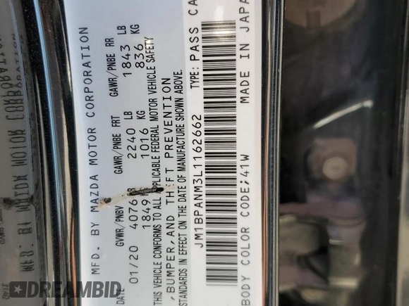 2020 Mazda 3 Premium Package with VIN JM1BPANM3L1162662, listed as a Copart auction lot 50059785 with 93,271 mi miles and Salvage Title. Bid and sale history available at carsss.com. Image 13.