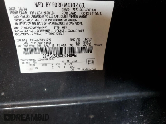 2014 Ford Flex SEL z VIN 2FMGK5C8XEBD40961, wystawiony jako Copart lot #58735935 z przebiegiem 294 919 mil mil oraz Szkoda całkowita • Salvage title. Historia ofert i sprzedaży dostępna na DreamBid. Obrazek 13.