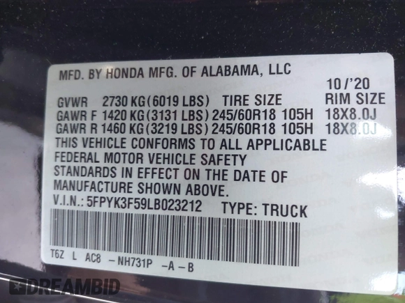 2020 Honda Ridgeline RTL with VIN 5FPYK3F59LB023212, listed as a IAAI auction lot 40704228 with 73,259 mi miles and . Bid and sale history available at DreamBid. Image 9.