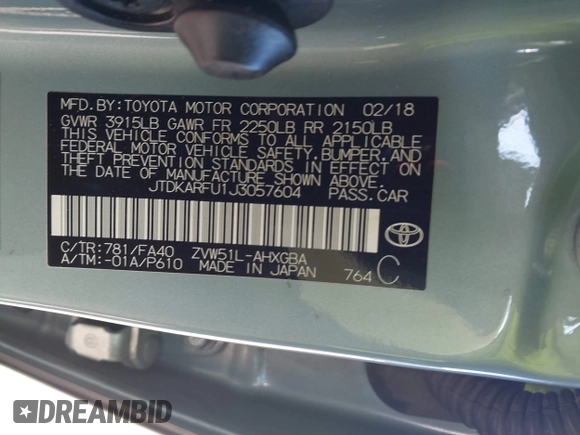 2018 Toyota Prius Two with VIN JTDKARFU1J3057604, listed as a IAAI auction lot 41446327 with 72,023 mi miles. Bid and sale history available at carsss.com. Image 9.