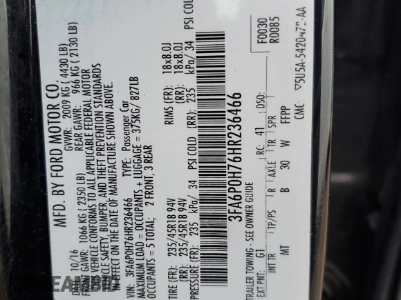 2017 Ford Fusion SE with VIN 3FA6P0H76HR236466, listed as a Copart auction lot 49386945 with 184,944 mi miles and Salvage Title. Bid and sale history available at DreamBid. Image 12.