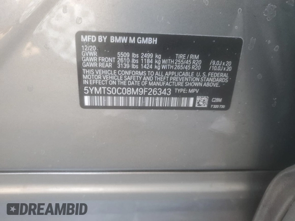 2021 BMW X3 M with VIN 5YMTS0C08M9F26343, listed as a Copart auction lot 88410035 with 52,596 mi miles and Salvage Title. Bid and sale history available at carsss.com. Image 13.