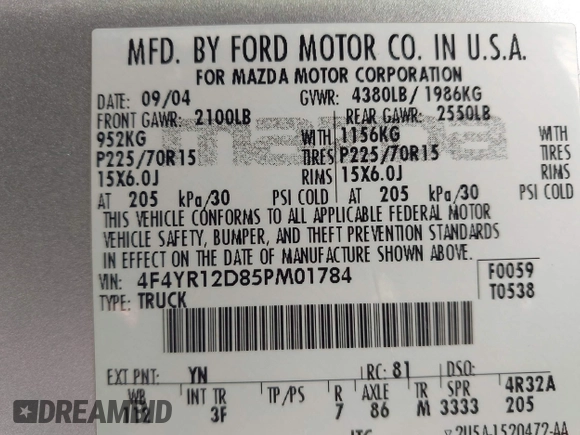 2005 Mazda B-Series 2WD Truck with VIN 4F4YR12D85PM01784, listed as a IAAI auction lot 41932706 with 183,610 mi miles. Bid and sale history available at carsss.com. Image 9.