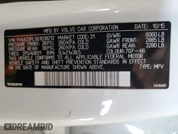 2016 Volvo XC90 T6 Inscription с VIN YV4A22PL0G1038212, выставлен на аукционе Copart как лот 56499465 с пробегом 128 544 миль миль и Списание • Salvage title. История ставок и продаж доступна на DreamBid. Изображение 13.