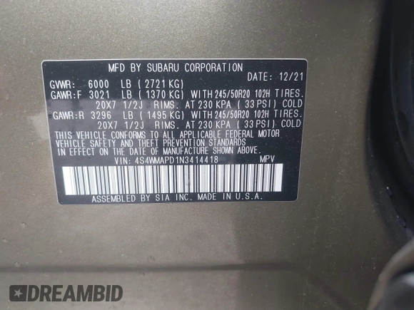 2022 Subaru Ascent Limited с VIN 4S4WMAPD1N3414418, выставлен на аукционе IAAI как лот 42237761 с пробегом 77 662 миль миль и . История ставок и продаж доступна на DreamBid. Изображение 9.