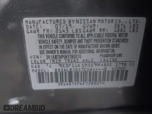 2019 Nissan Sentra S with VIN 3N1AB7AP6KY388074, listed as a IAAI auction lot 41516308 with 34,005 mi miles and . Bid and sale history available at DreamBid. Image 9.