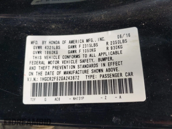 2016 Honda Accord Sport with VIN 1HGCR2F52GA243672, listed as a IAAI auction lot 42525224 with 240,818 mi miles and . Bid and sale history available at DreamBid. Image 9.