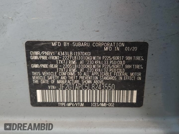 2020 Subaru Crosstrek Premium with VIN JF2GTAPC5L8243550, listed as a Copart auction lot 59637725 with 76,627 mi miles and Salvage title. Bid and sale history available at DreamBid. Image 14.