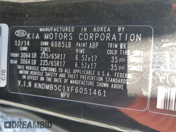 2015 Kia Sedona LX with VIN KNDMB5C1XF6051461, listed as a Copart auction lot 54203275 with 101,193 mi miles and Salvage Title. Bid and sale history available at DreamBid. Image 13.