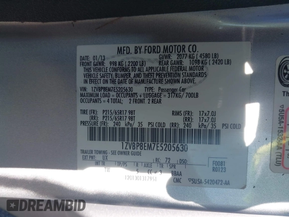 2014 Ford Mustang V6 with VIN 1ZVBP8EM7E5205630, listed as a IAAI auction lot 42269714 with 127,130 mi miles and . Bid and sale history available at DreamBid. Image 9.