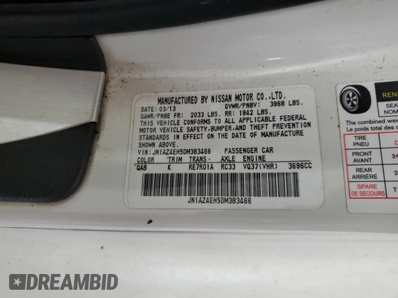 2013 Nissan 370Z Touring z VIN JN1AZ4EH5DM383466, wystawiony jako Copart lot #85704054 z przebiegiem 37 892 mil mil oraz Szkoda całkowita • Salvage title. Historia ofert i sprzedaży dostępna na DreamBid. Obrazek 12.