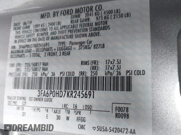 2019 Ford Fusion SE with VIN 3FA6P0HD7KR245691, listed as a IAAI auction lot 42023751 with 32,622 mi miles. Bid and sale history available at carsss.com. Image 9.