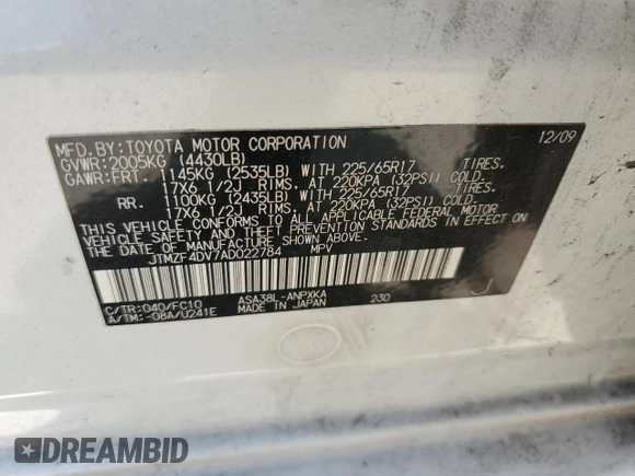 2010 Toyota RAV4 with VIN JTMZF4DV7AD022784, listed as a Copart auction lot 62703625 with 218,156 mi miles and Clean title. Bid and sale history available at DreamBid. Image 13.