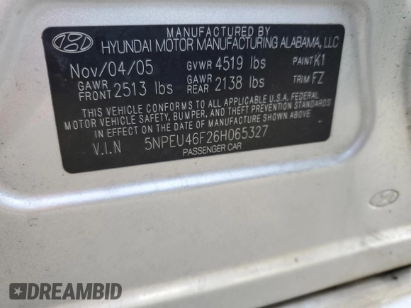 2006 Hyundai Sonata GLS with VIN 5NPEU46F26H065327, listed as a Copart auction lot 53082745 with 142,513 mi miles and Salvage Title. Bid and sale history available at DreamBid. Image 12.